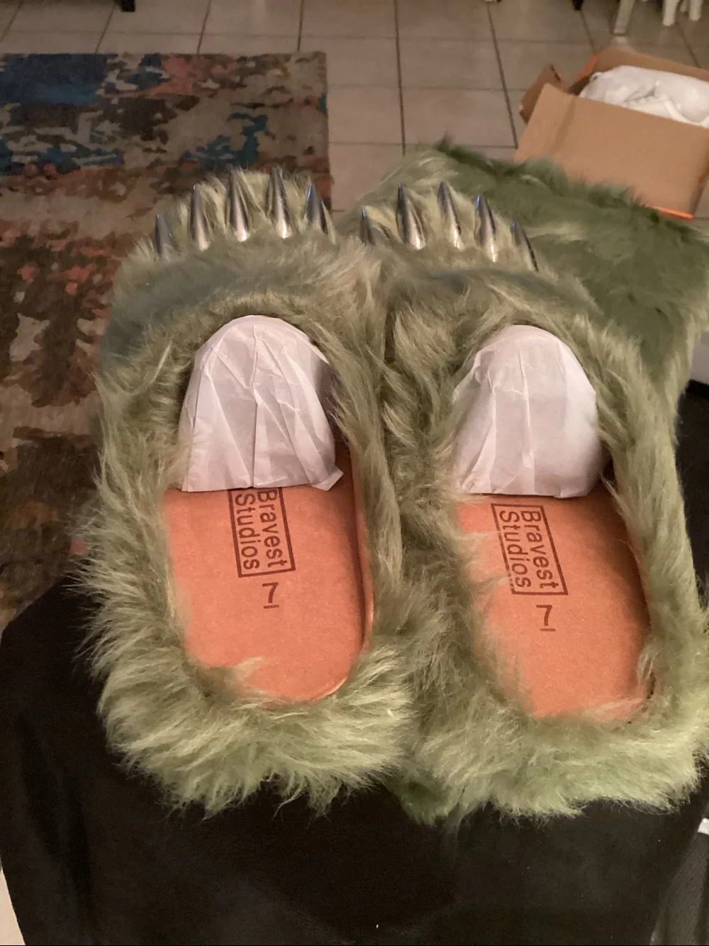 Bravest Studios Olive Green Plush Monster Paw Slippers